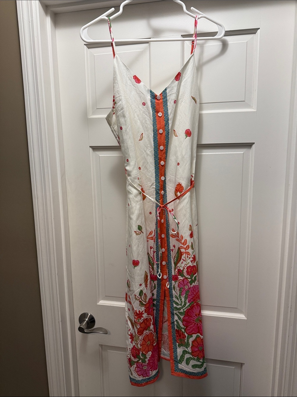 Skies Are Blue White Floral Midi Dress with Orange Trim